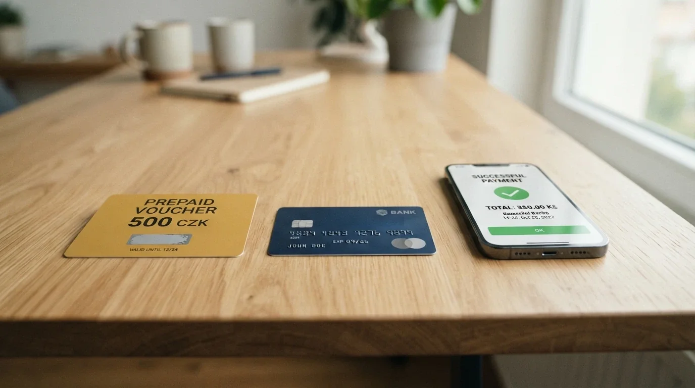 Paysafecard kupón, platební karta a mobil s Apple Pay / Google Pay vedle sebe na stole, v pozadí casino rozhraní
