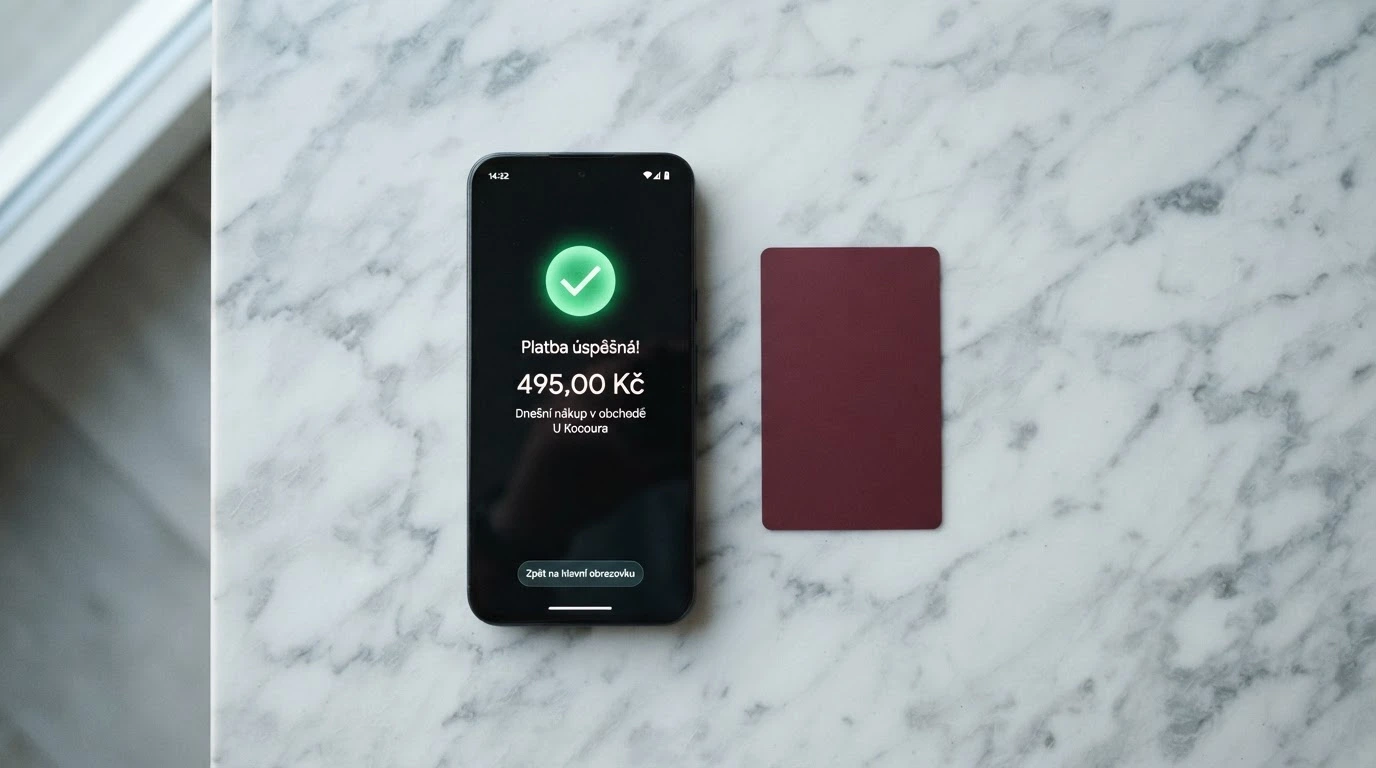 Smartphone s otevřenou aplikací Aircash a platební kartou položenou vedle — kontrast okamžité a pomalé metody