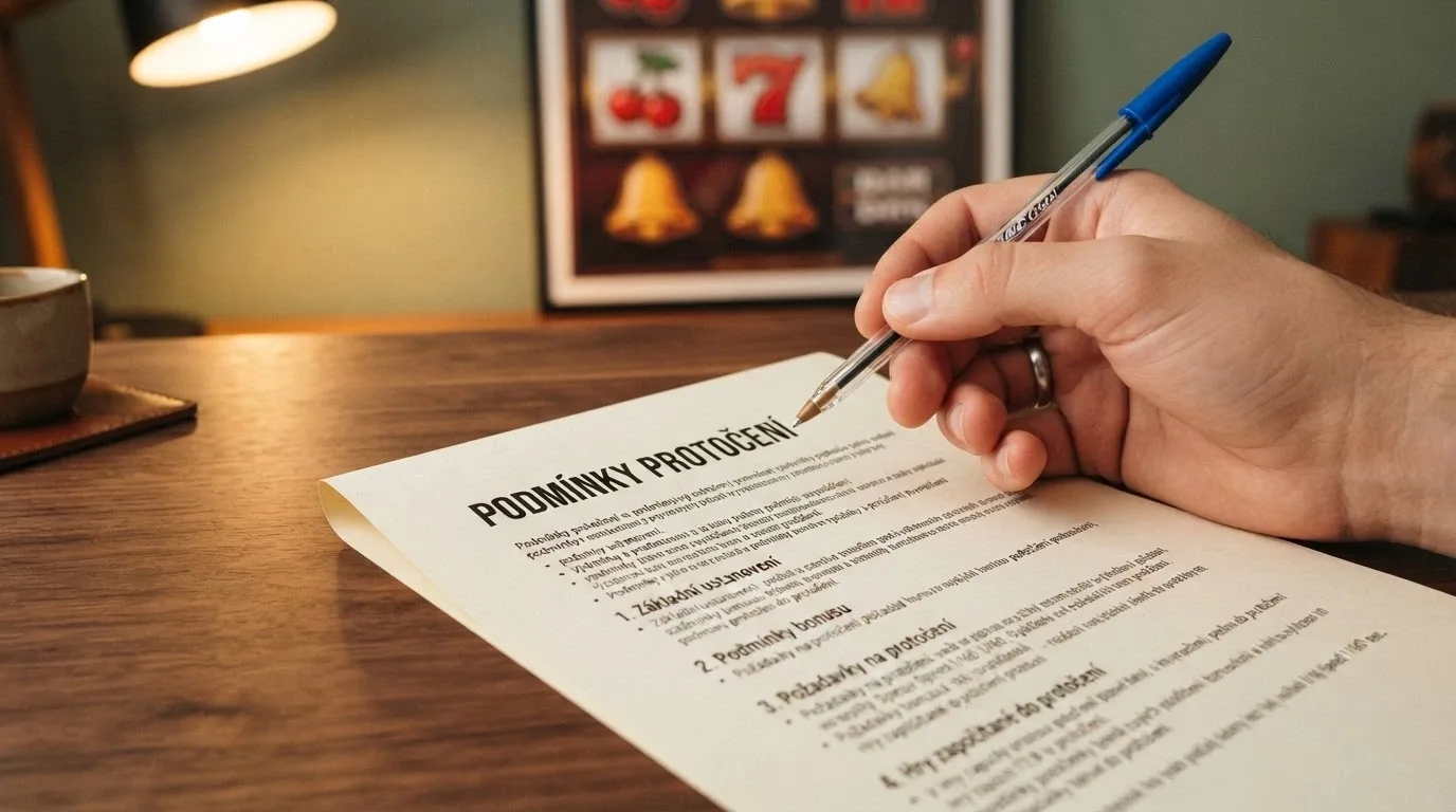 Detail dokumentu s perem zvýrazňujícím sekci „podmínky protočení“, okolo rozmazané symboly automatů