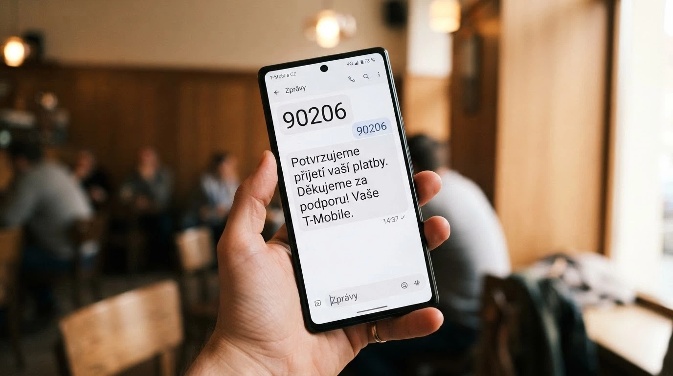Displej telefonu s odeslanou SMS na číslo kasina a potvrzovací odpovědí operátora