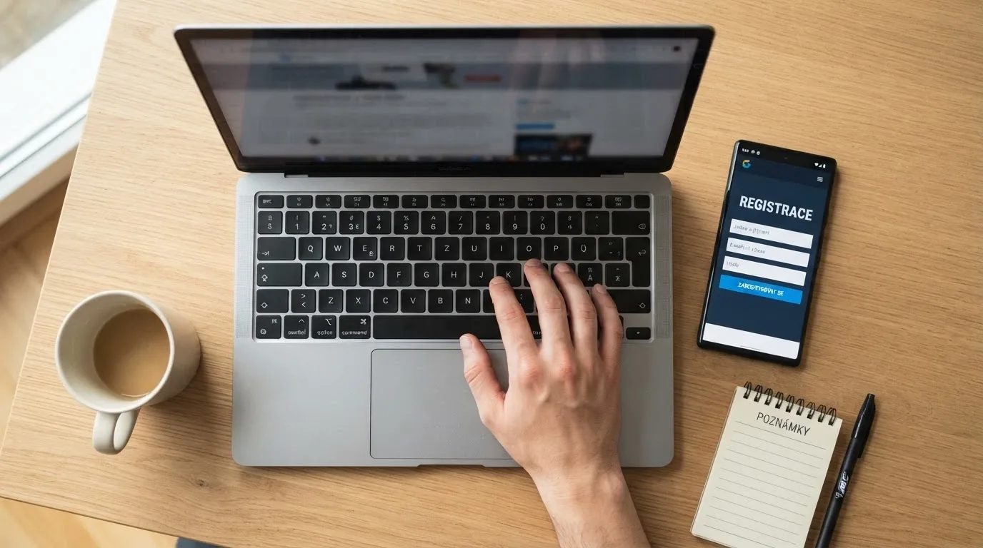 Ruka na klávesnici s mobilem zobrazujícím registrační formulář casino