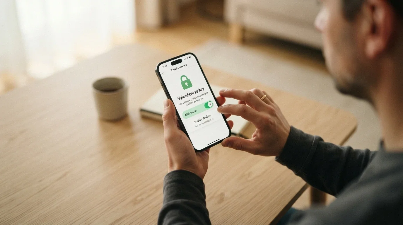 Zamykaná brána s nápisem „Rejstřík vyloučených osob“ a mobilem s tlačítkem sebeexkluze