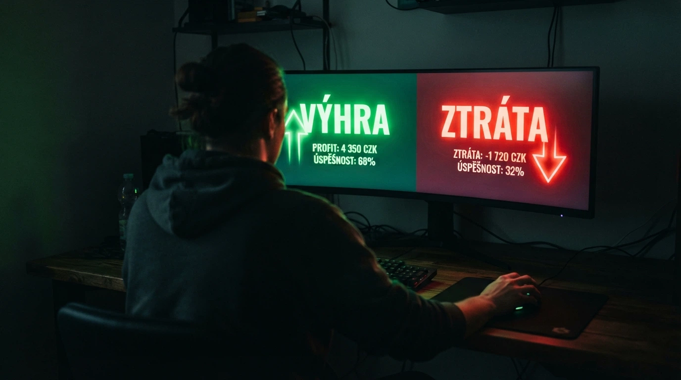 Hráč sedící před monitorem s rukou nad myší, na obrazovce dva scénáře: zelený „výhra“ a červený „ztráta“