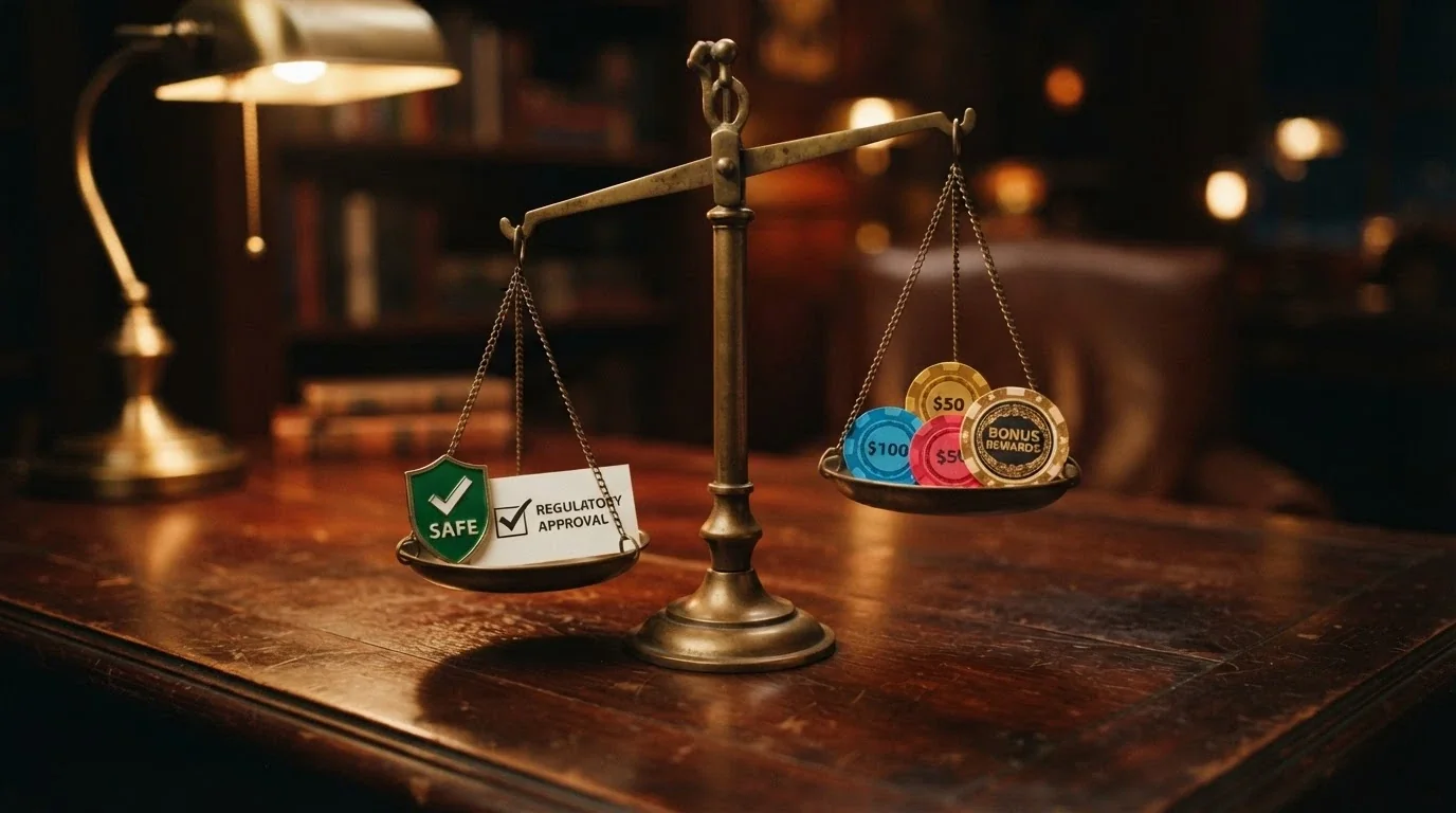 Váhy — na levé misce symboly ochrany (štít, RVO, linka pomoci), na pravé misce symboly nabídky (bonus, free spiny, výběr her); misky nejsou v rovnováze, levá je těžší