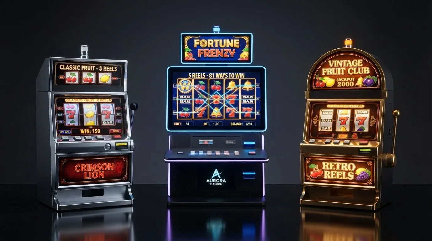 Koláž tří typů automatů: ovocný klasik se třemi válci, moderní slot s 81 výherními liniemi a retro automat s tématikou ovoce