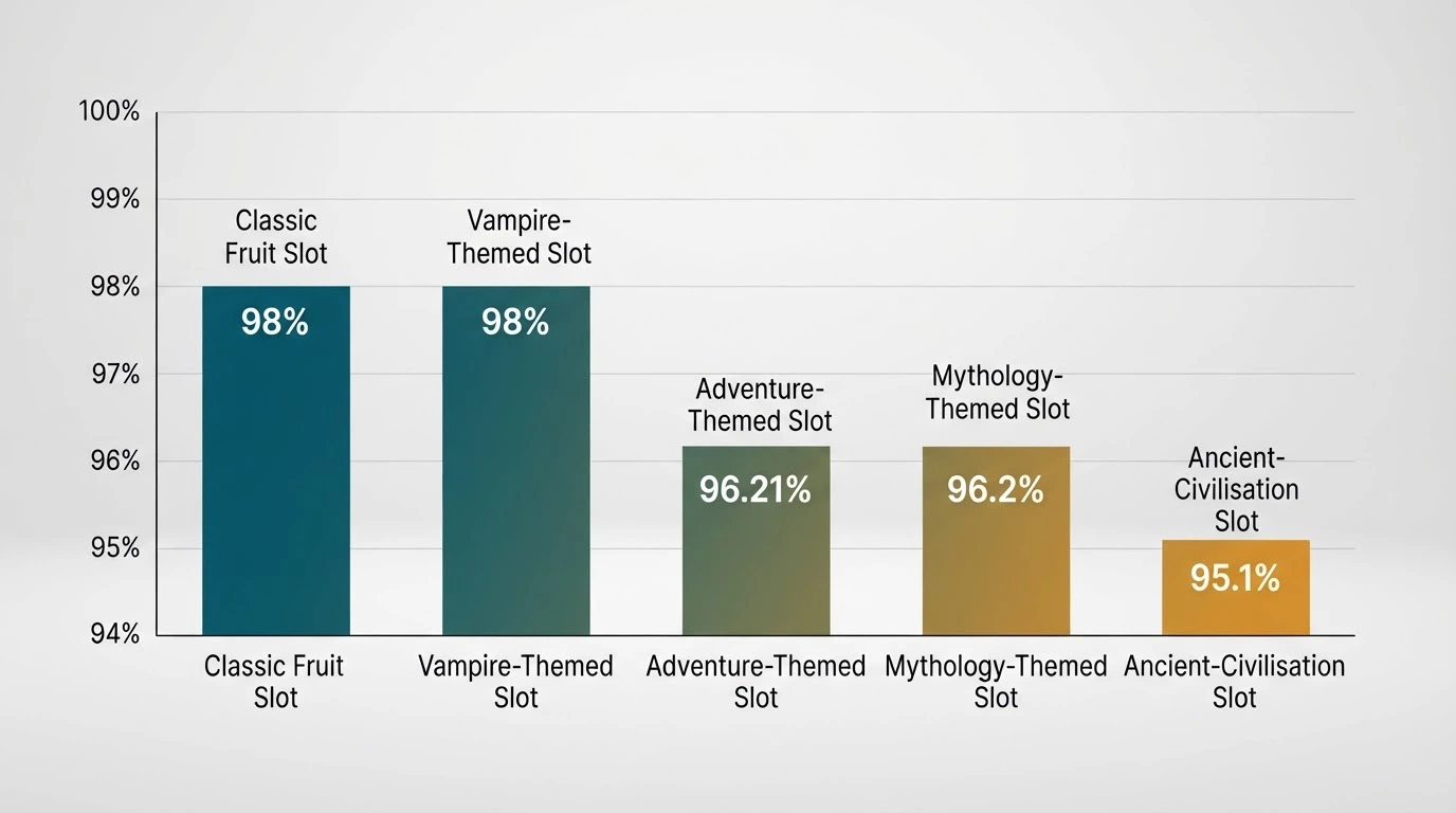 Sloupcový graf srovnávající návratnost (RTP) pěti online automatů od 95 % do 99 %
