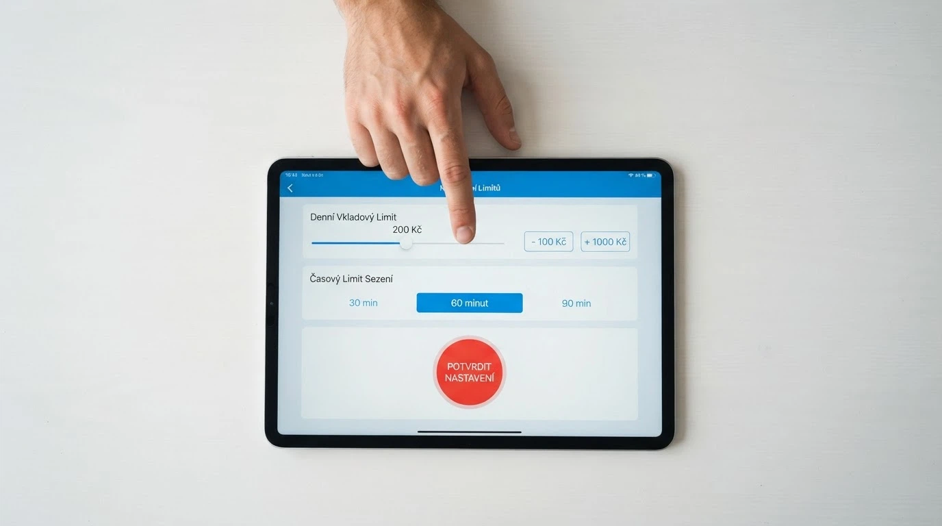 Tablet s otevřenou stránkou nastavení limitů — zobrazeny položky pro denní limit vkladu, časový limit a panic button