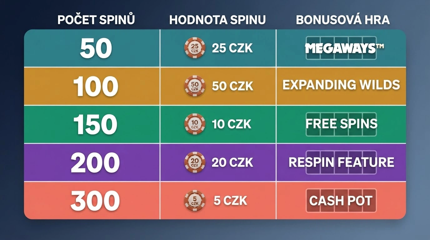 Přehledná srovnávací tabulka s řádky operátorů a sloupci s počtem zatočení, hodnotou spinu a bonusovým automatem