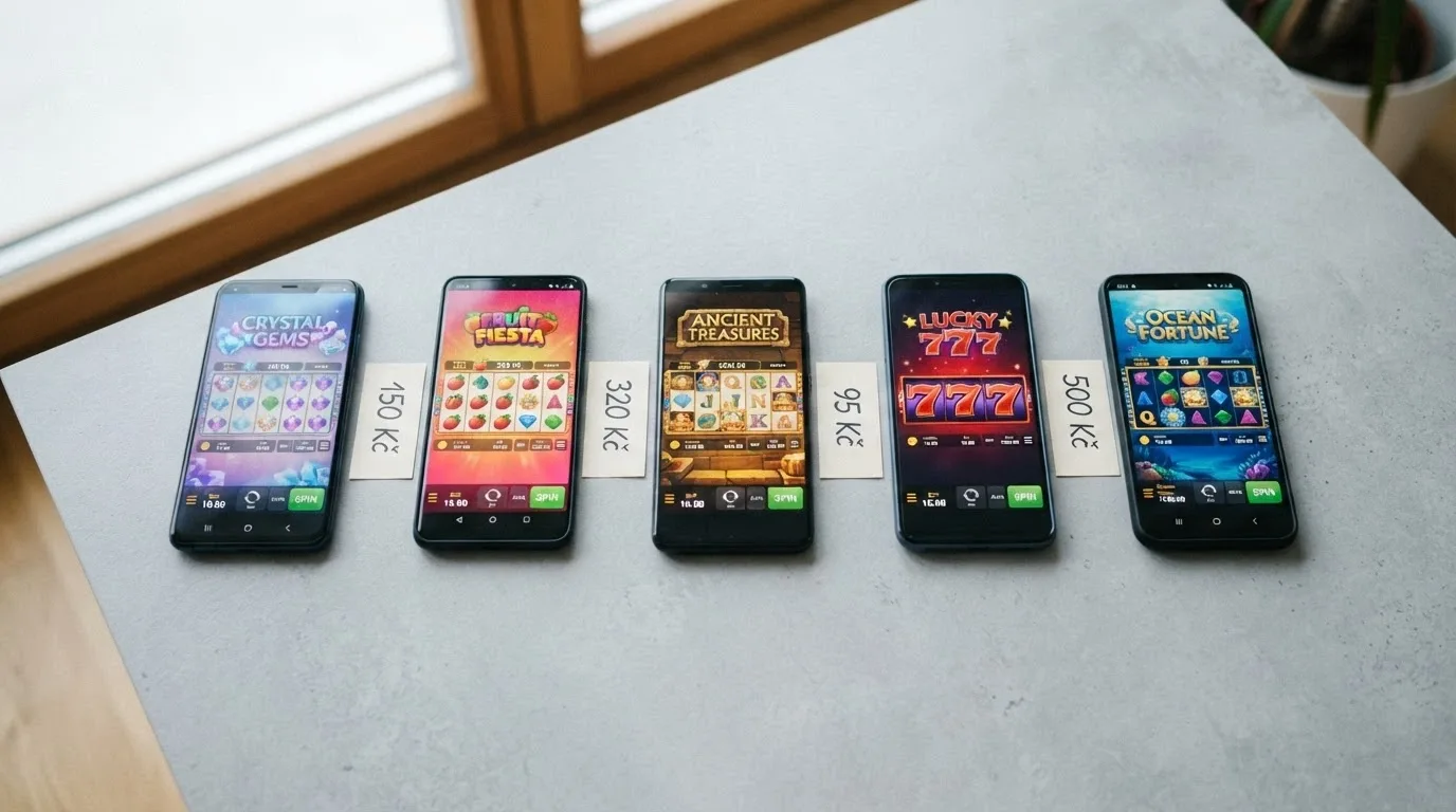 přehledné srovnání — řada mobilních telefonů vedle sebe, každý s logem jiného českého casina a částkou minimálního vkladu