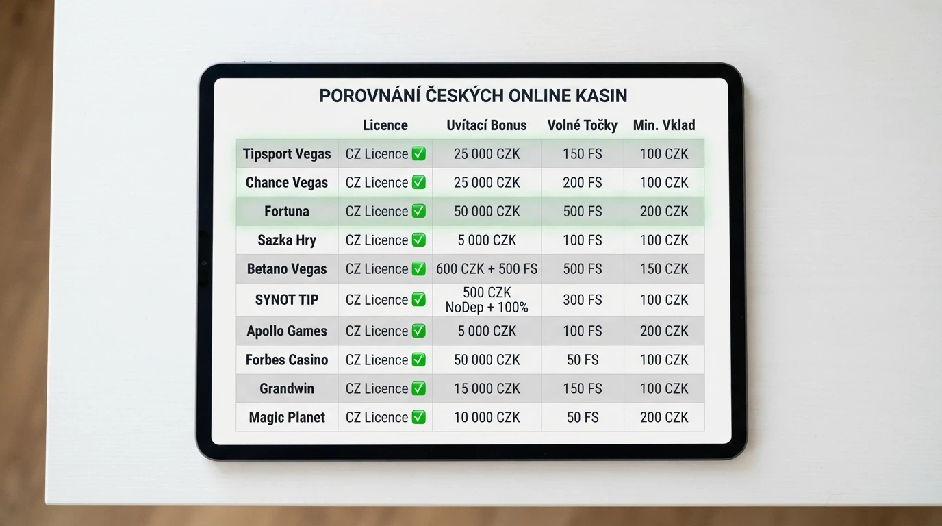 Srovnávací tabulka se čtyřmi sloupci (licence, uvítací bonus, volné točky, vkladová podmínka) a řádky pro deset operátorů
