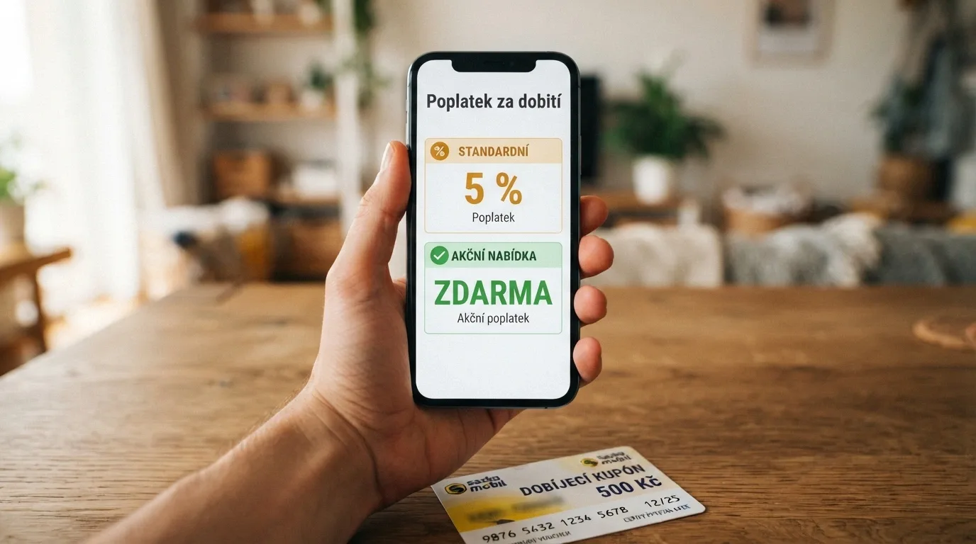 Ruka držící chytrý telefon s porovnáním poplatků za vklad — na obrazovce zvýrazněno „5 %“ a „zdarma“