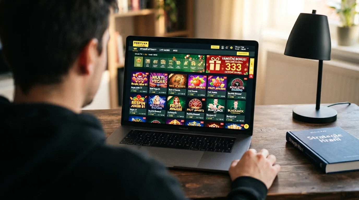 Herní lobby Tipsport Vegas s ukázkou slotů od NetEntu a Playtechu, v rohu banner s uvítacím bonusem