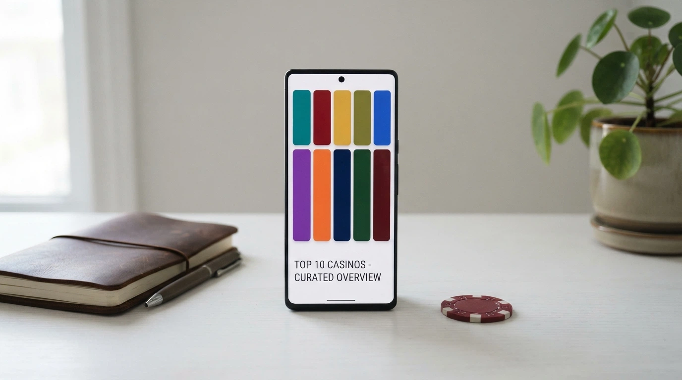 Koláž logotypů deseti recenzovaných mobilních casin na pozadí displeje moderního telefonu