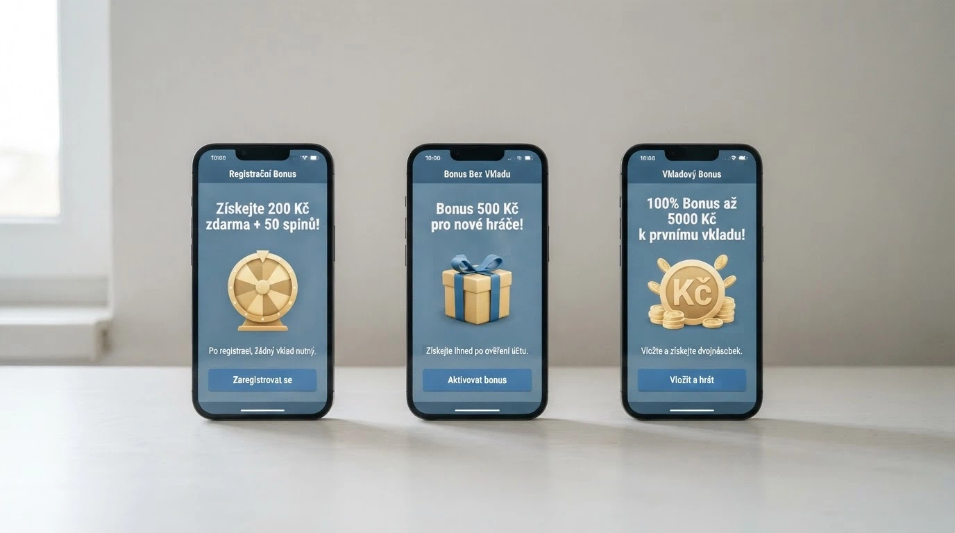 Tři mobilní obrazovky vedle sebe, každá s jiným typem casino bonusu — registračním, bez vkladu a za první vklad
