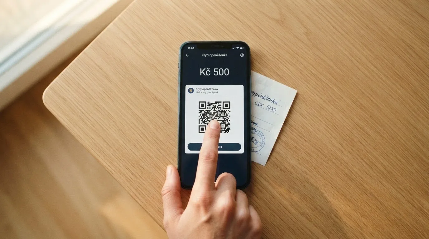 Mobilní telefon s otevřenou bitcoinovou peněženkou a QR kódem, na pozadí rozhraní online kasina