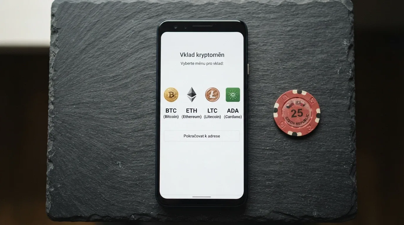 Mobilní obrazovka s výběrem kryptoměn pro vklad — zobrazeny ikony BTC, ETH, LTC a USDT