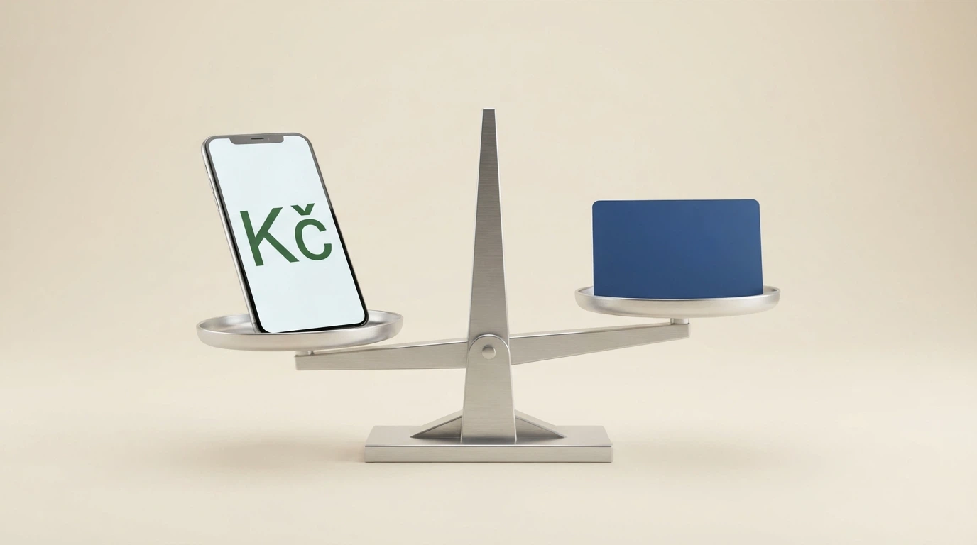 Stylizovaná váha — na jedné misce ikona mobilního telefonu s kreditem, na druhé ikona platební karty a banky