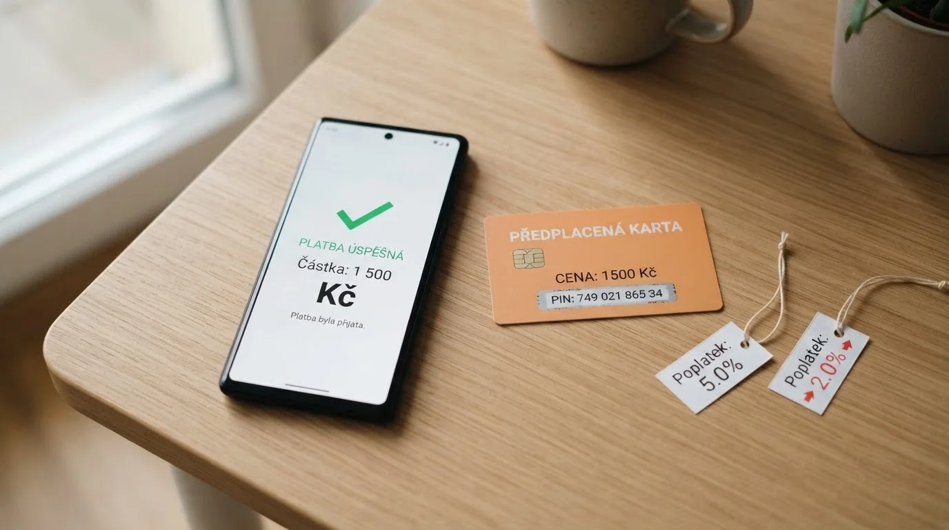 Mobil s obrazovkou potvrzující SMS platbu do casina, vedle něj Paysafecard PIN a dvě srovnávací cenovky s poplatky
