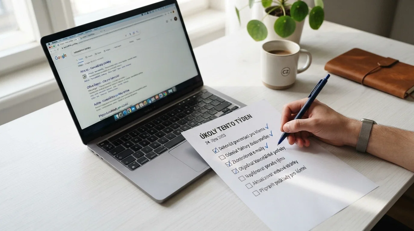 ruka odškrtávající položky na kontrolním seznamu — vedle otevřený laptop s webem MF ČR