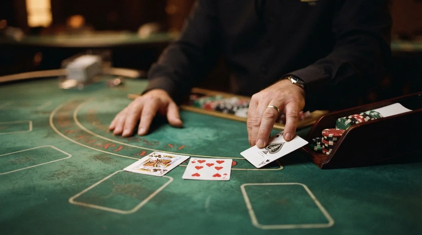Detail živého krupiéra u blackjackového stolu — kamera snímá reálné karty