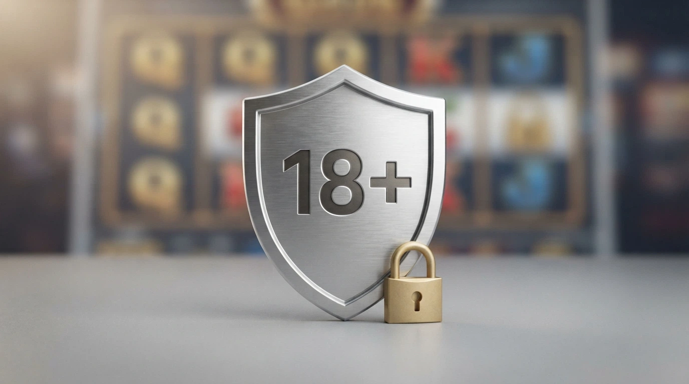 Symbol zodpovědného hraní s ikonou ochranného štítu a nápisem 18+