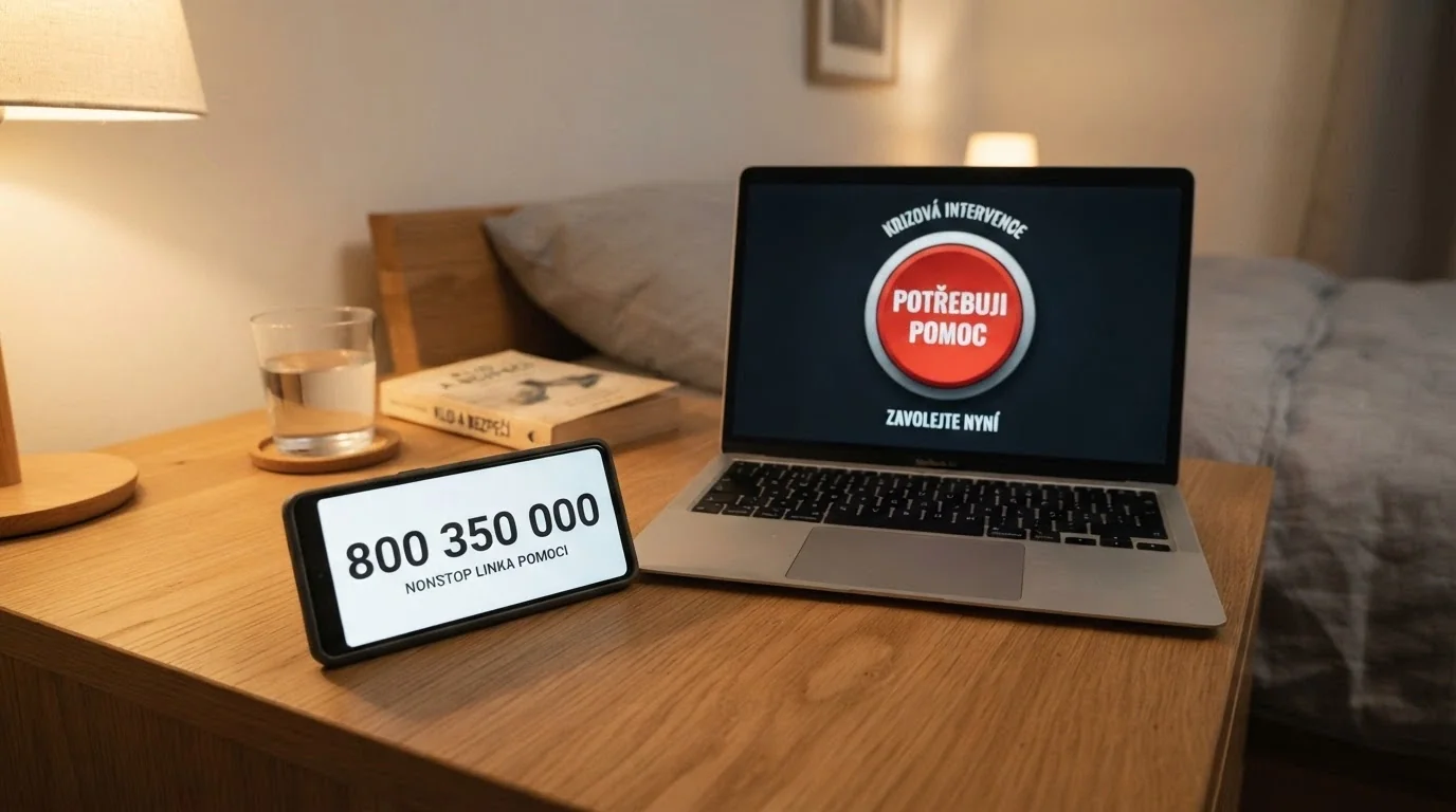 Telefon s číslem 800 350 000 na displeji a ikona panic buttonu na obrazovce notebooku — dvě cesty k okamžité pomoci