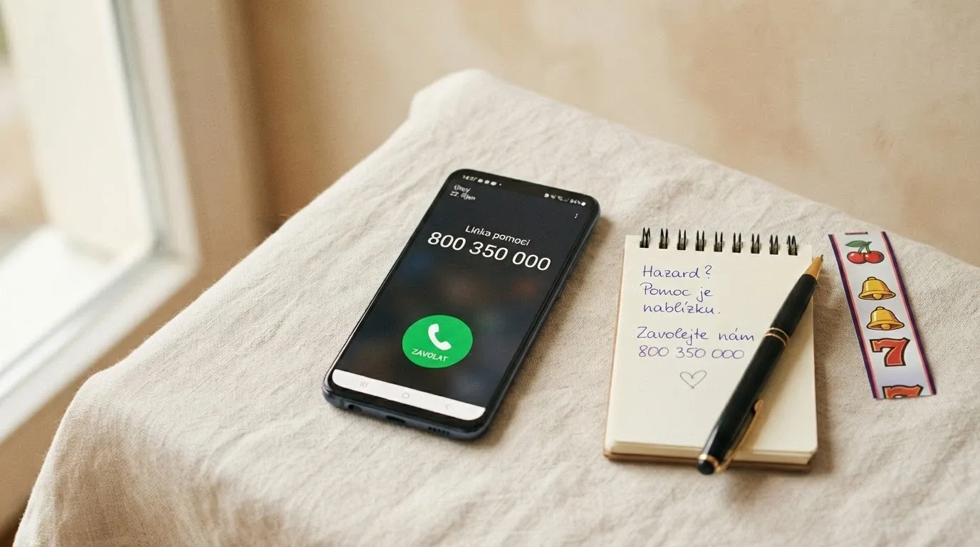 Telefonní sluchátko na lince pomoci vedle symbolu přeškrtnutého automatu — cesta k pomoci existuje