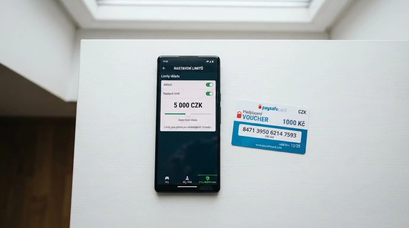 Nastavení finančního limitu v rozhraní online casina — posuvník s částkou a paysafecard voucher
