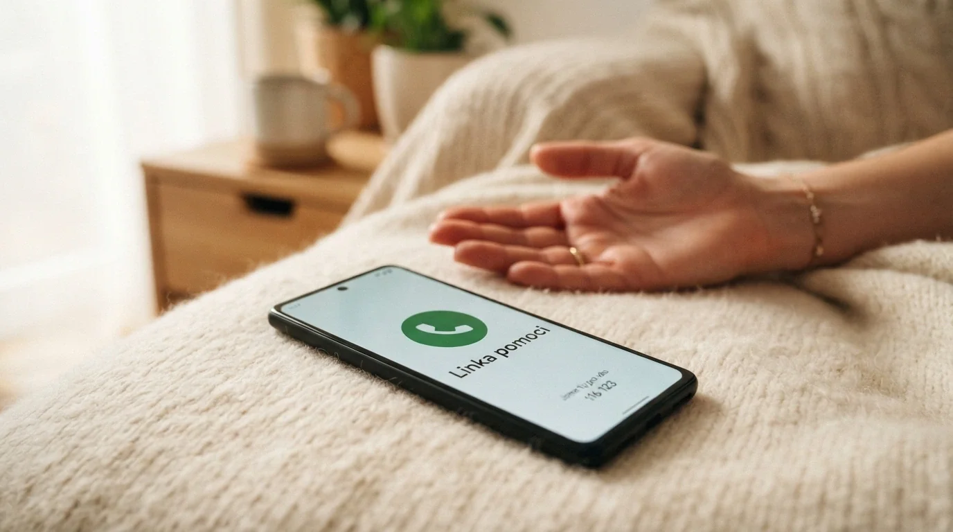 Telefon s číslem linky pomoci na displeji a podpůrná ruka v pozadí