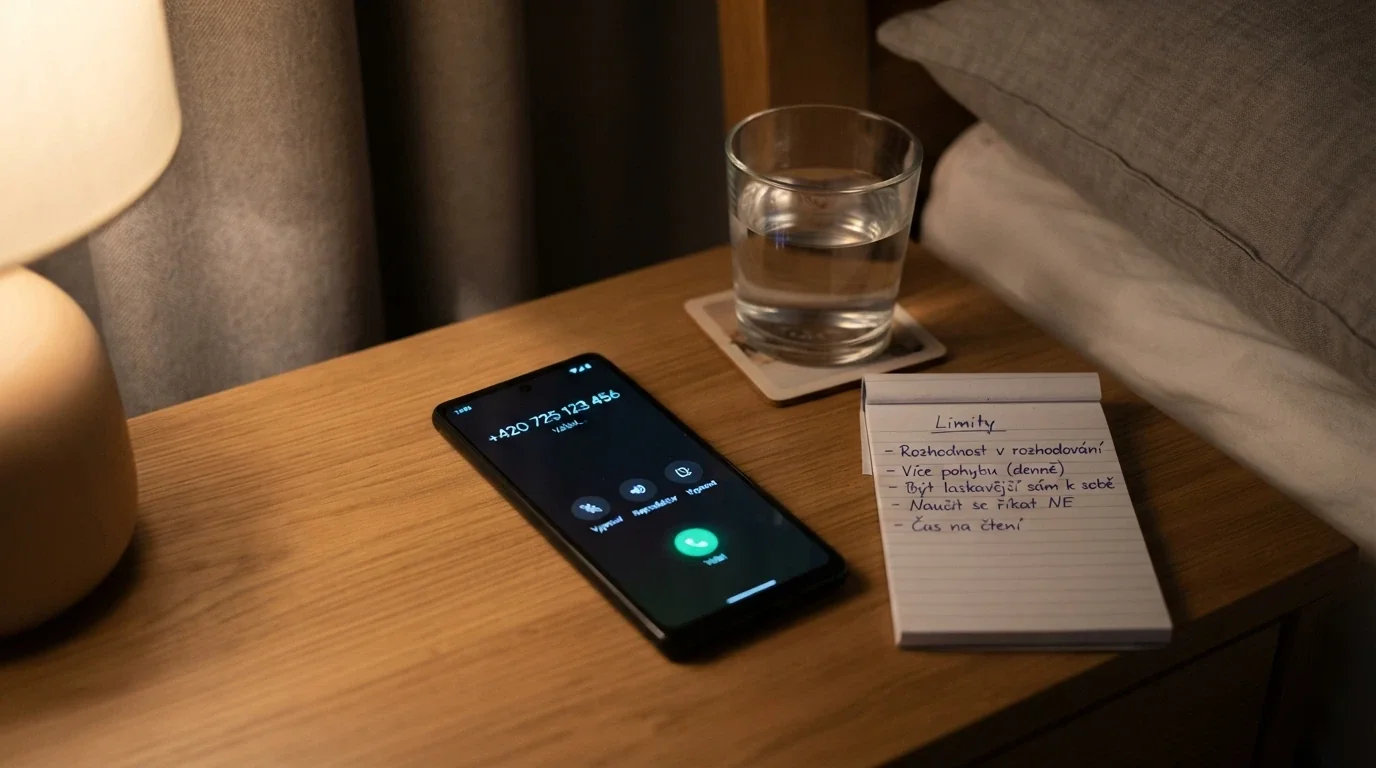 Telefon s vytočeným číslem linky pomoci, vedle sklenice vody a poznámkový blok s nadpisem „limity“